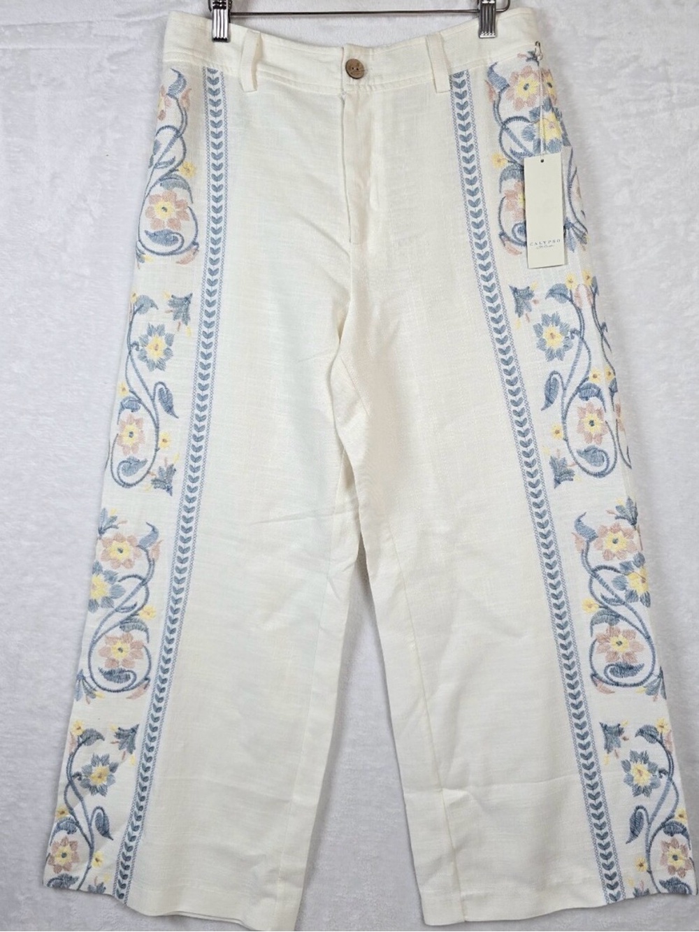 Calypso St. Barth Flower Embroidered Wide-Leg Cream Linen Pants NWT - Picture 3 of 8